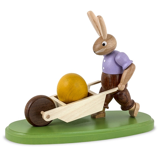 Easter bunny father with wheelbarrow, small colored-stained