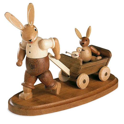 Easter bunny with child on wooden handcart, small natural