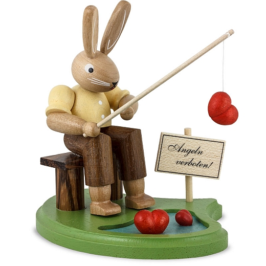 Easter bunny fisherman on pond, small colored-stained
