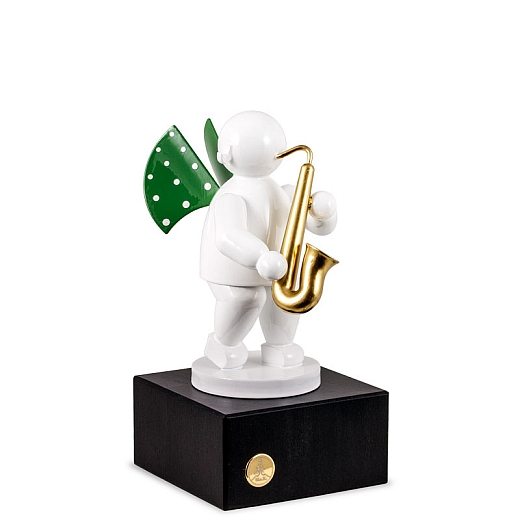 Engel mit Saxophon auf kleinem Sockel Edition Klangfarbe Weiß