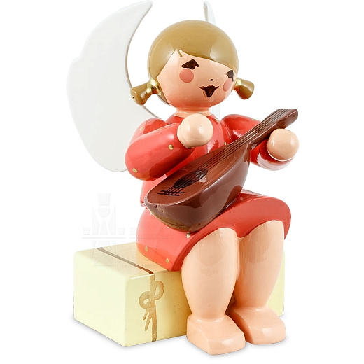 Angel sitting on gift package with Mandolin red