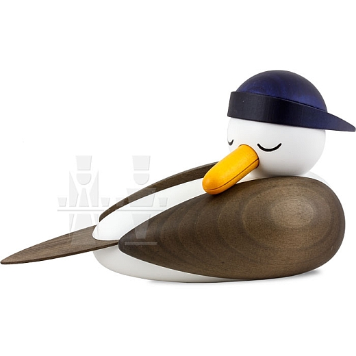 Seagull large sleeping with blue Souwester hat and gray wings