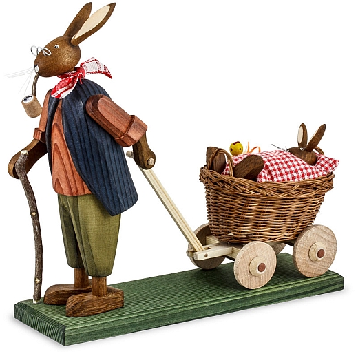 Easter Bunny Grandpa with baby bunny in handcart with red Bed Cloth