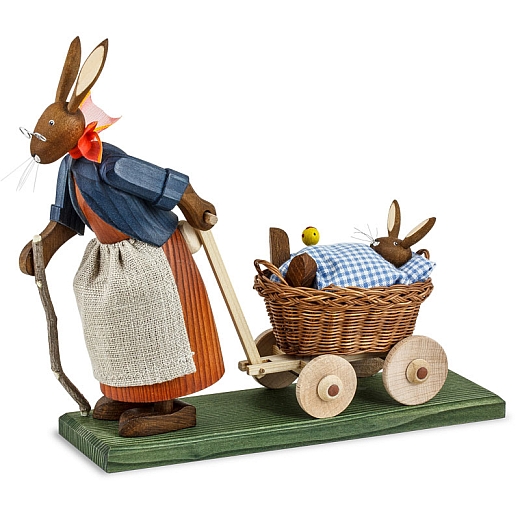 Easter Bunny Grandma with baby bunny in handcart with blue Bed Cloth