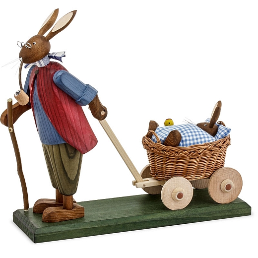 Easter Bunny Grandpa with Baby Bunny in Handcart with blue Bed Cloth