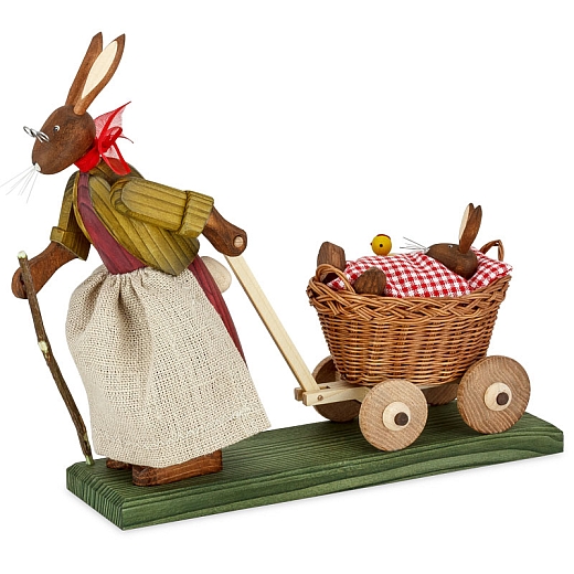 Easter Bunny Grandma with baby bunny in handcart with red Bed Cloth