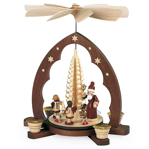 Pyramid Santa giving out X-Mas Presents Pointed Arch woodshaving Tree 1-tier natural