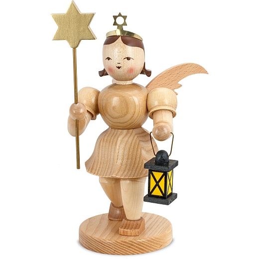 Angel short skirt natural wood 20 cm with Star and Lantern