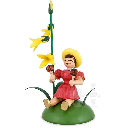 Flower Child colored sitting with Forsythia and Maraca