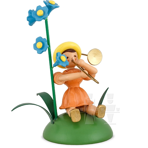 Flower Child colored sitting with Forget-Me-Not and Trombone