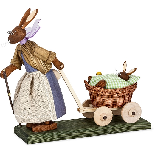 Easter Bunny Grandma with Baby Bunny in Handcart with green Bed Cloth