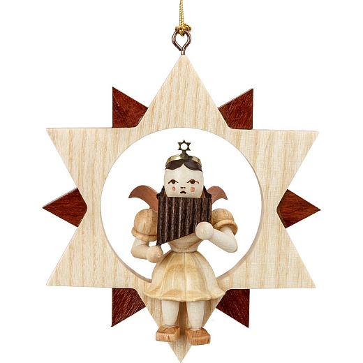 Angel natural wood in the Star with Pan Flute