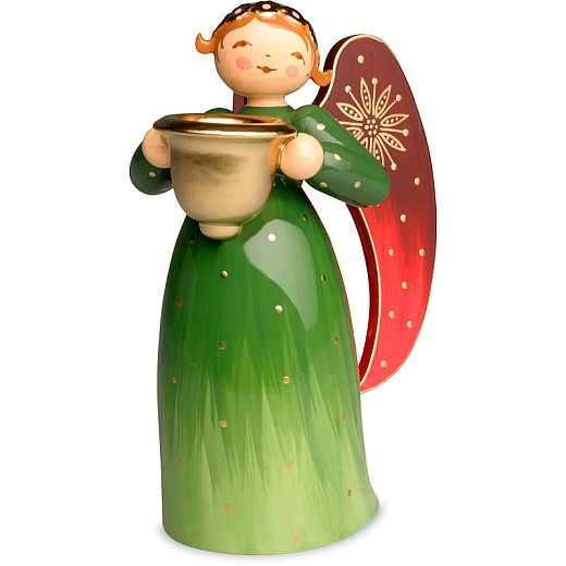 Angel richly painted green with candleholder