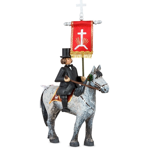Easter Rrider carved with cross flag on dapple gray horse
