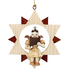 Angel natural wood in the Star with Pan Flute
